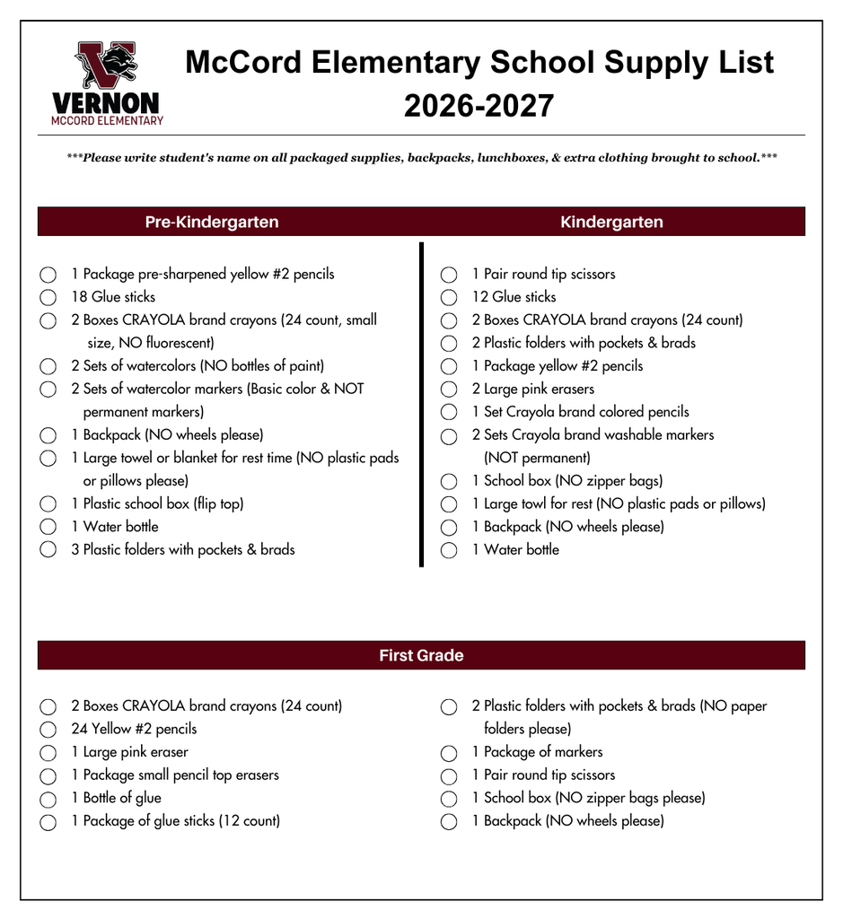 mccord supply list 2026