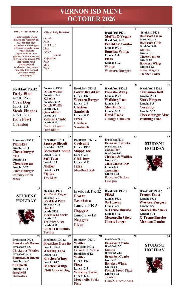 october cafeteria menu