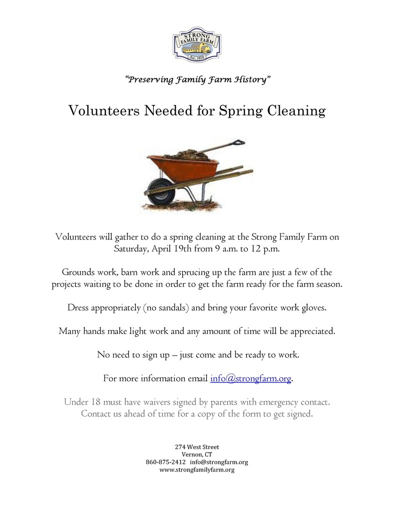 •	Volunteers Needed for Spring Cleanup on April 19, 2025 at the Strong Family Farm