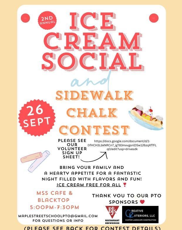 Ice Cream Social 5-7:30PM Friday, September 26th