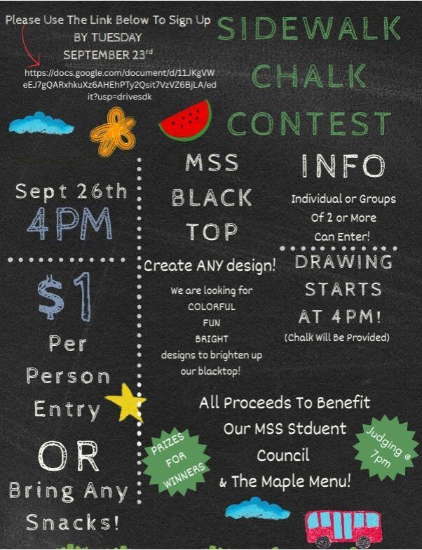 Sidewalk Chalk Contest September 26th at 4PM on the black top.