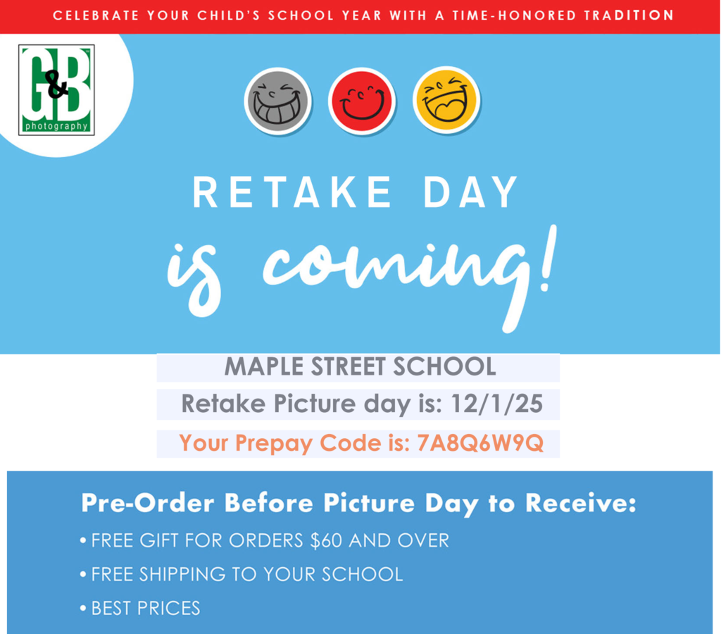 Picture retake day is December 1st! Your prepay code is 7A8Q6W9Q From G&B Photography: " It's very helpful to our photographer if the families return their original photos and write the reason for the retake on the photo envelope ("messy hair," "outfit change," "smile showing teeth," etc.) so our photographer can be sure to get it right. If you have already placed an order and are getting retakes you do not need to reorder or pay again. "