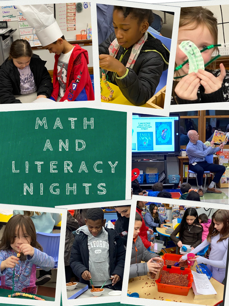 pictures from math and literacy nights, children working together