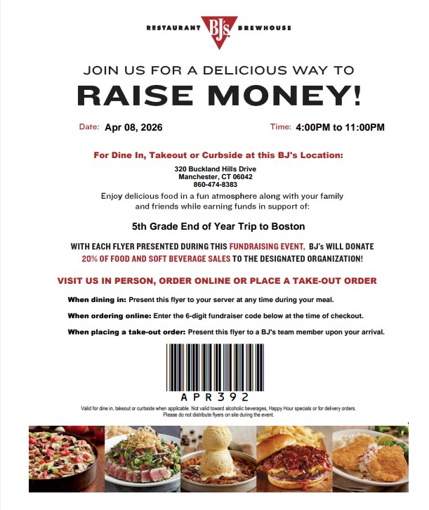 Fundraiser at BJ's in Manchester: April 8, 4pm-11pm