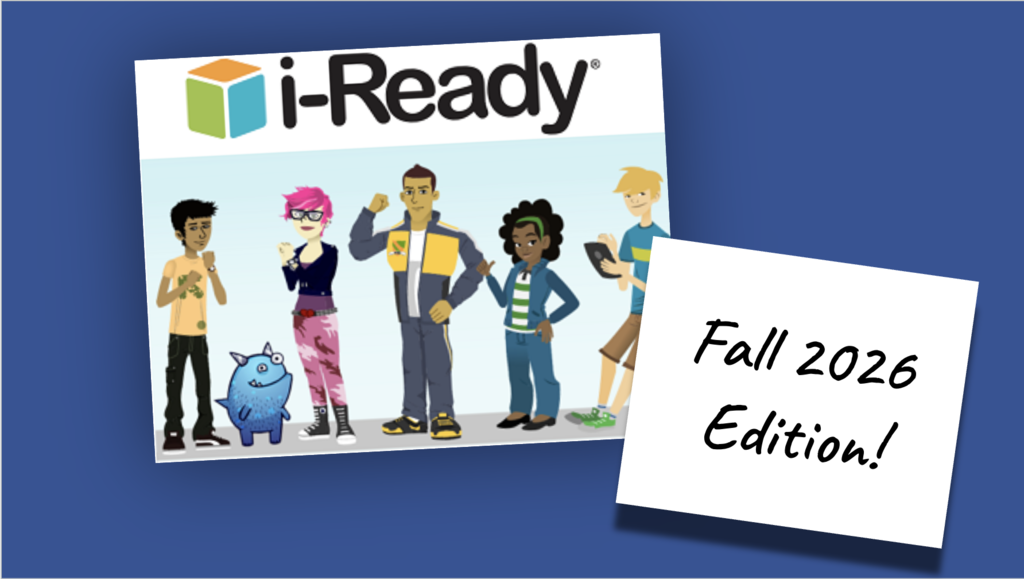 iReady Testing slide with cartoon versions on teachers and students