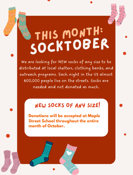 Donate new socks, any size for socktober!