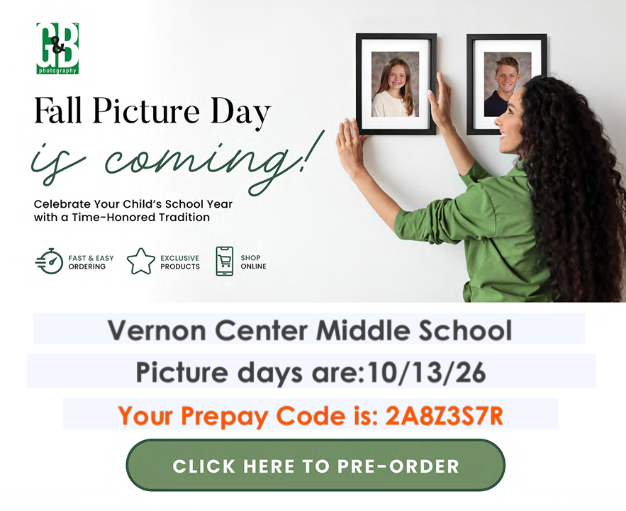 Advertisement for Picture Day, Woman hanging pictures on a wall, details for ordering from the website, Code 2A8Z3S7R
