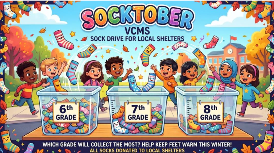 AI generated image of students collecting socks and putting them into buckets labeled 6th, 7th, and 8th grade