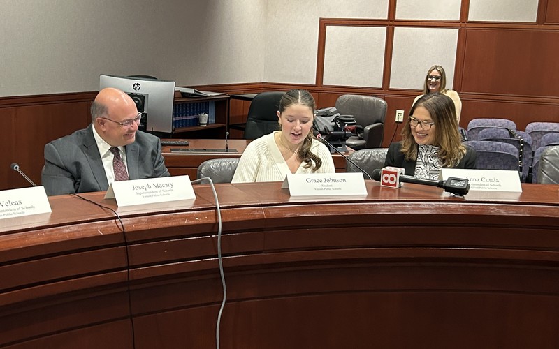 Rockville High School senior Grace Johnson speaks to the commissioner of education