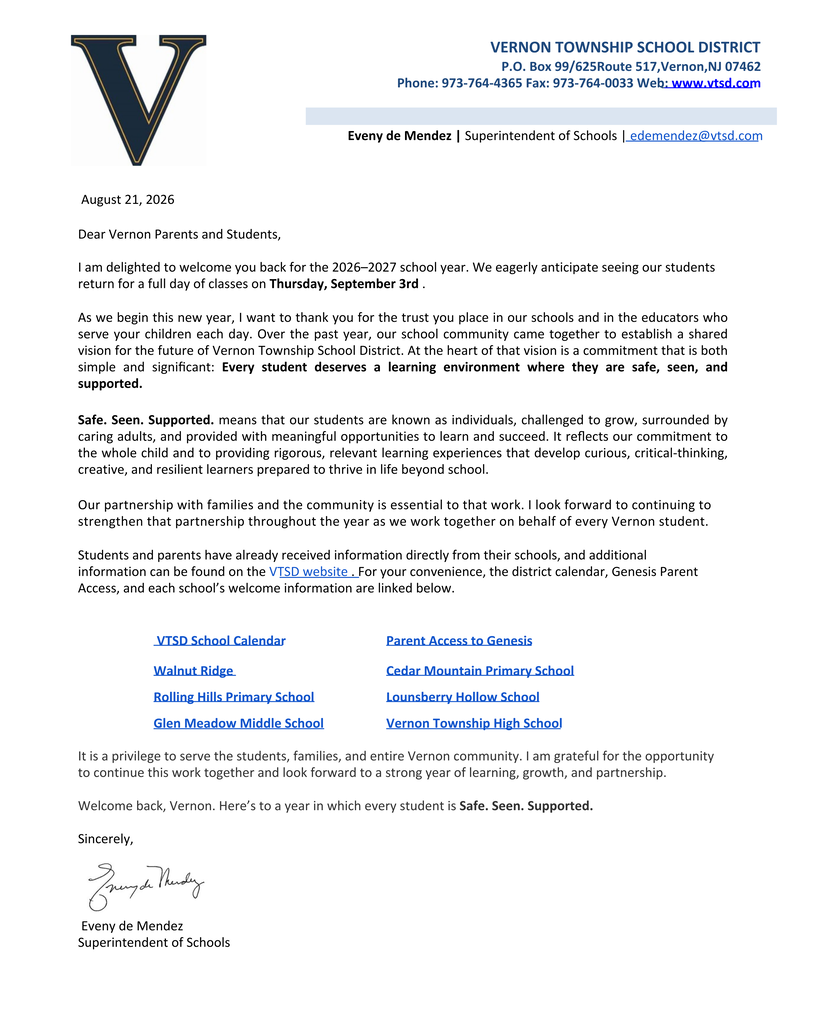Welcome Letter From Superintendent Eveny De Mendez