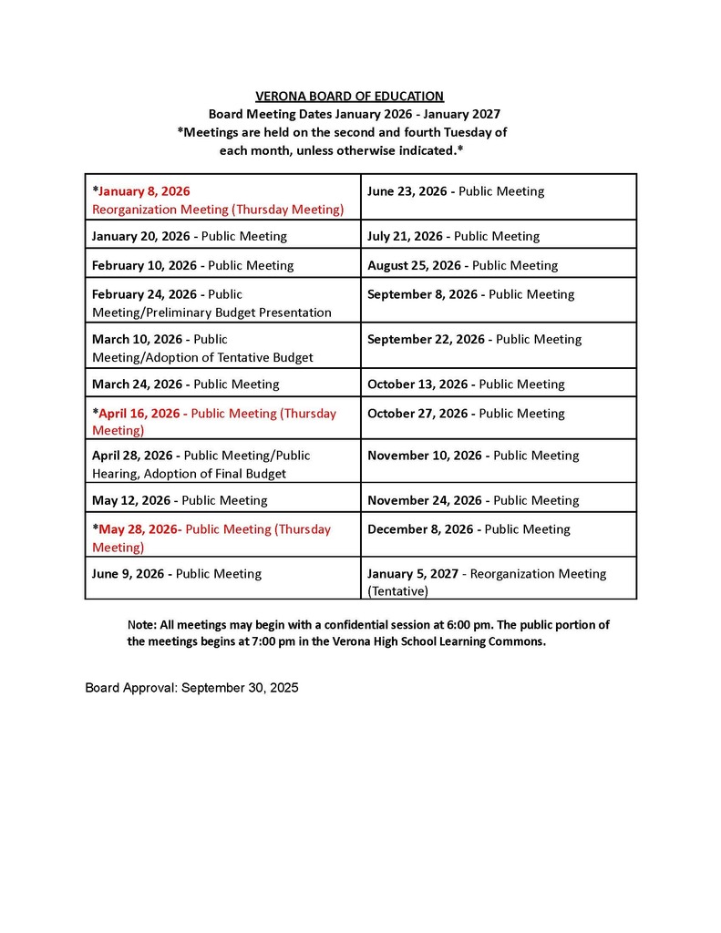 Verona Board Meeting Schedule January 2026 - January 2027