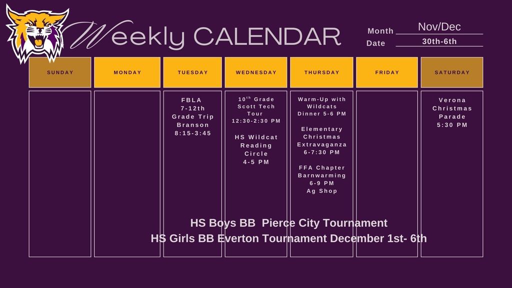 Week of November 30th - December 6th - Calendar of Events