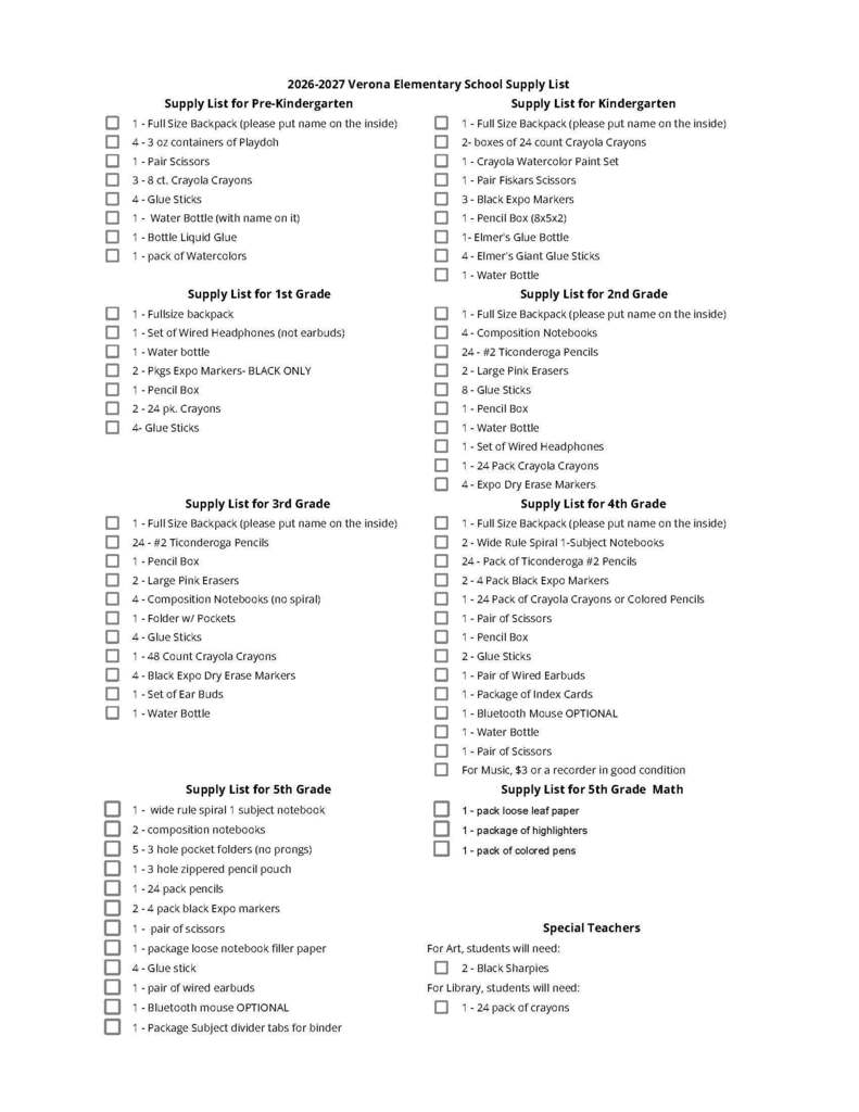 Verona School Supply List