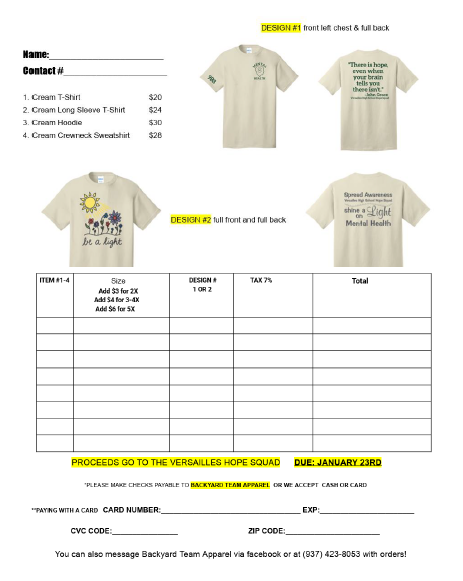 Hope Squad T-Shirt Order Form