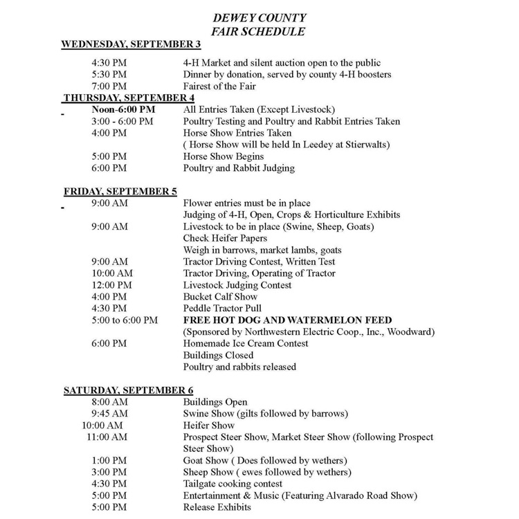 2025 Dewey County Fair Schedule