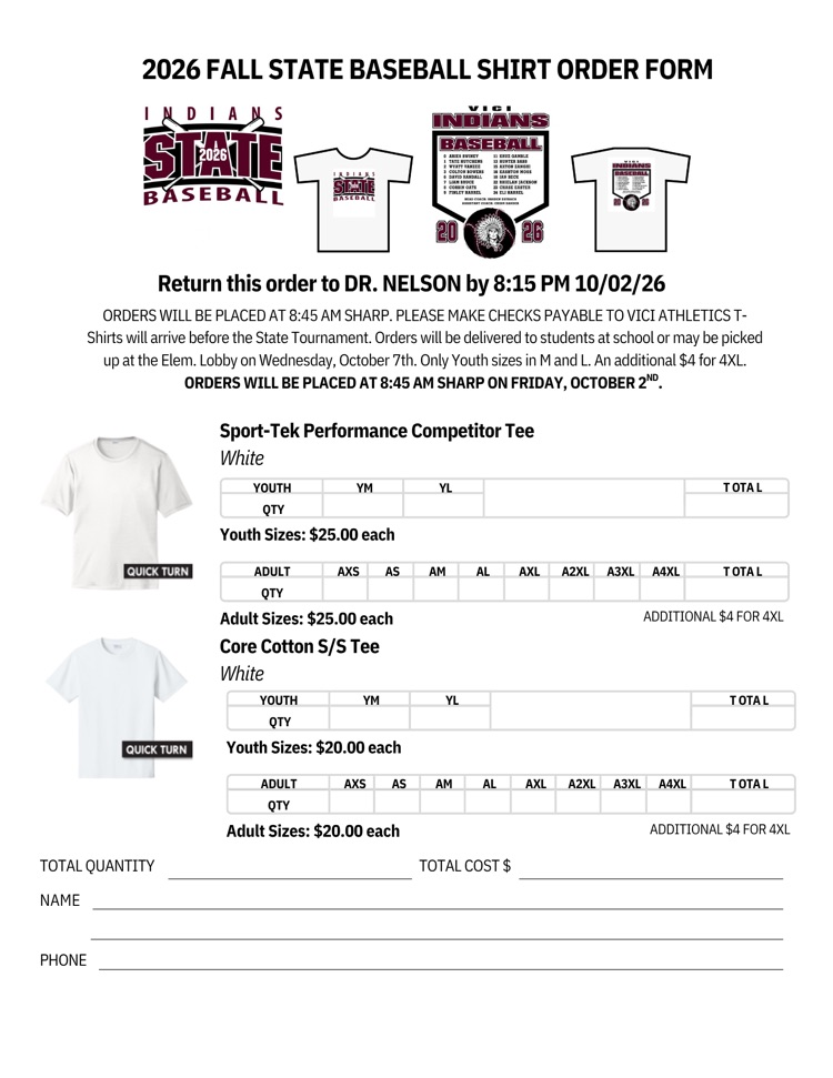 State Baseball shirt order form
