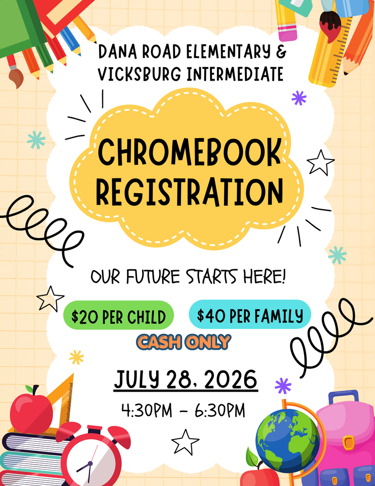 Flyer detailing Chromebook registration will be held 7/28/26 from 4:30pm to 6:30pm