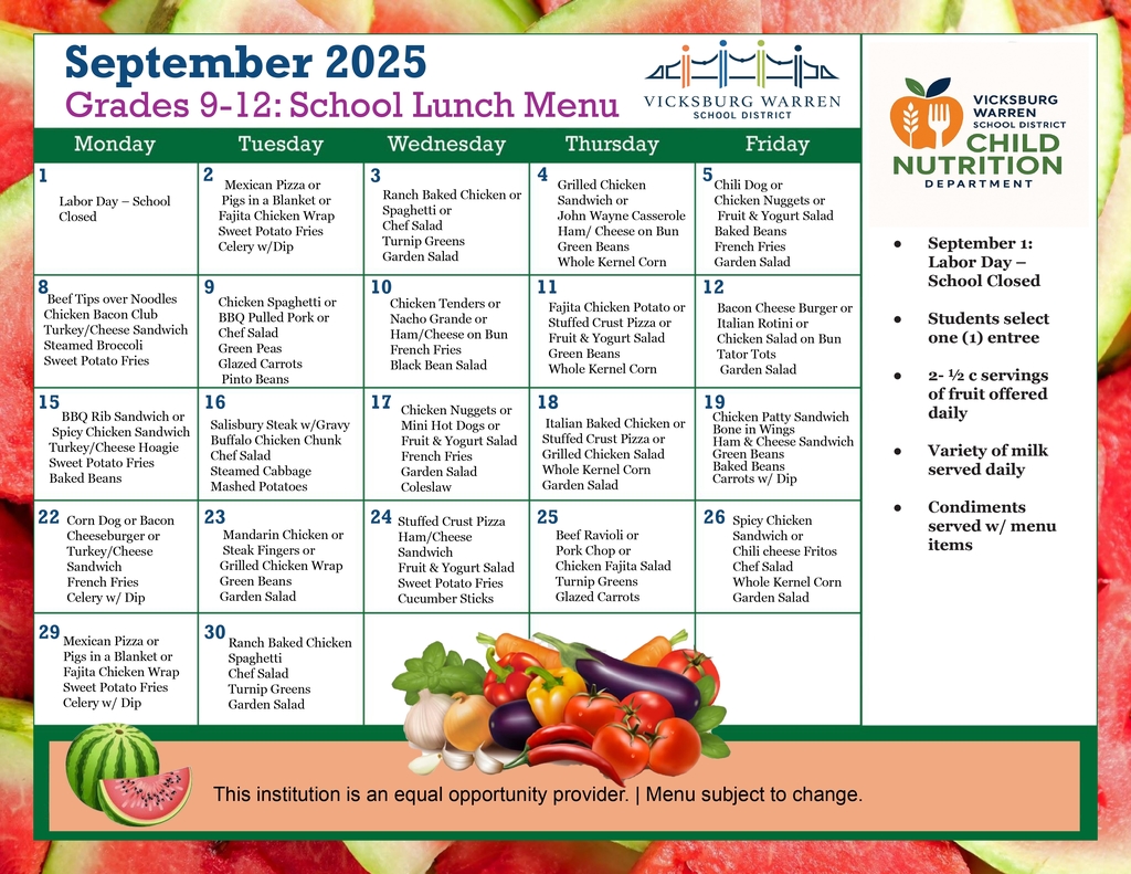 September 2025 Lunch Menu (9-12 Lunch)