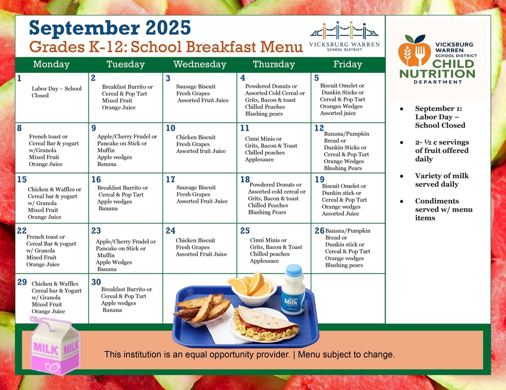 September 2025 Breakfast Menu (K-12 Breakfast)