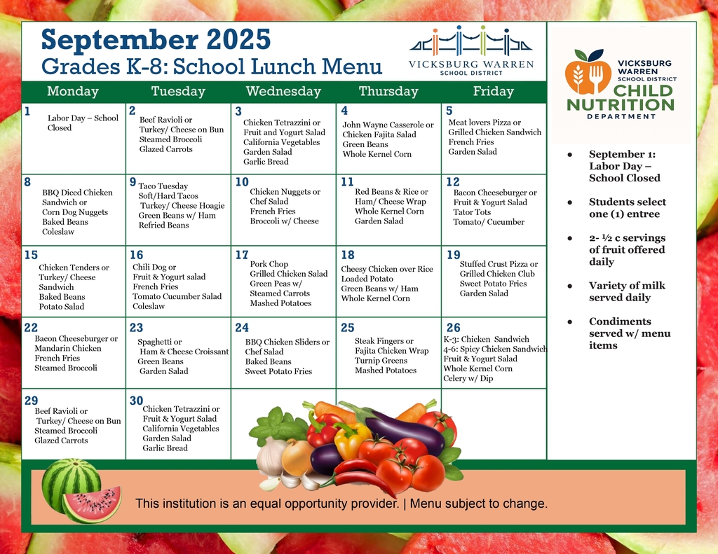 September 2025 Lunch Menu (K-8 Lunch)