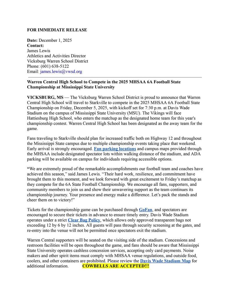 WCHS Championship Press Release 2025