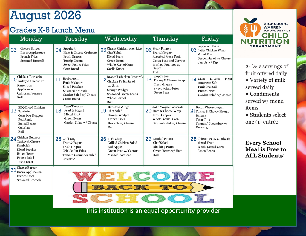 August 2026 K-8 Lunch Menu