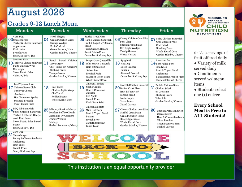 August 2026 9-12 Lunch Menu