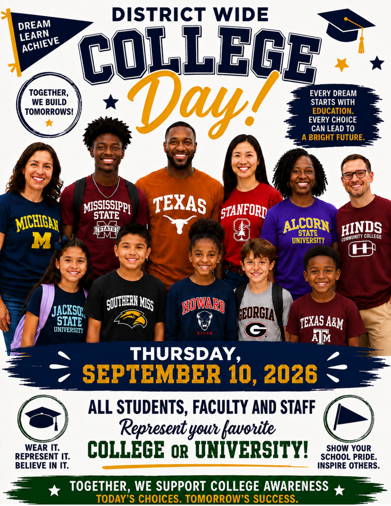 🎓📚 **District-Wide College Day is Here!** 📚🎓  Wear your favorite college shirt or colors as we celebrate the importance of higher education and inspire our students to dream big! Together, we're building a future where every child sees college and career success as a possibility.