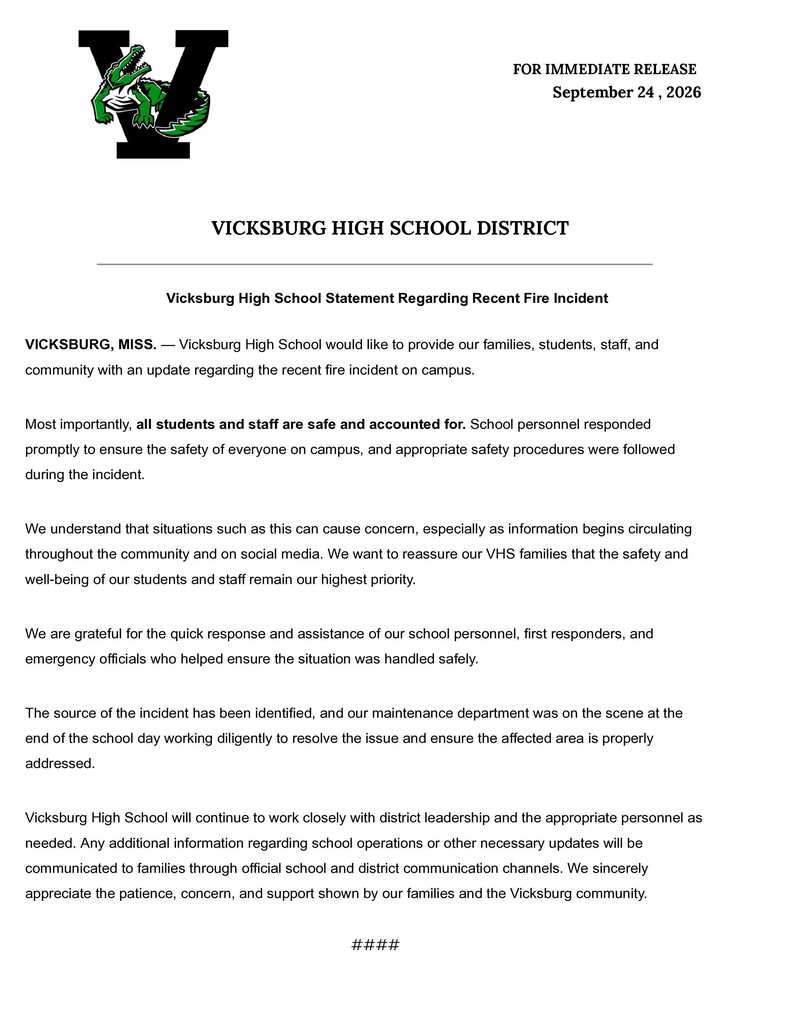 Vicksburg High School- Press Release September 2026