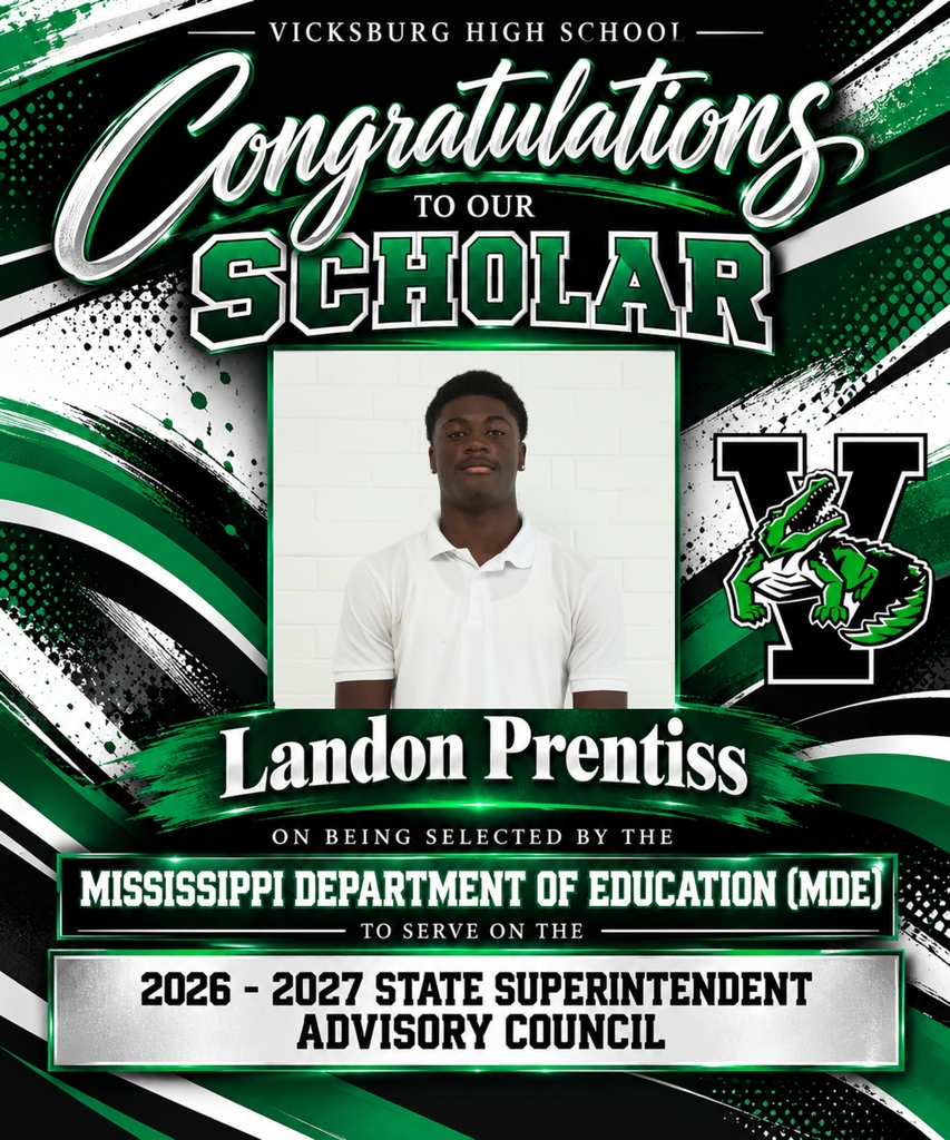 Poster with a green and white background displays Landon Prentiss, a student, in a white polo. Text reads "Congratulations to our scholar Landon Prentiss on being selected by the Mississippi Department of Education (MDE)."