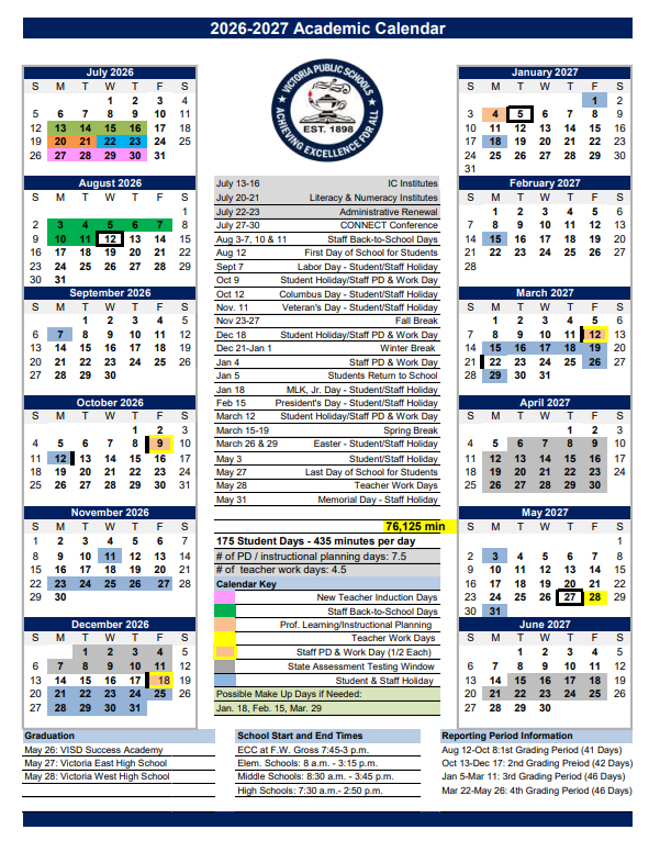 Victoria ISD Board of Trustees Approves 2026–27 Academic Calendar Earlier to Support Family and Staff Planning | Victoria West High School