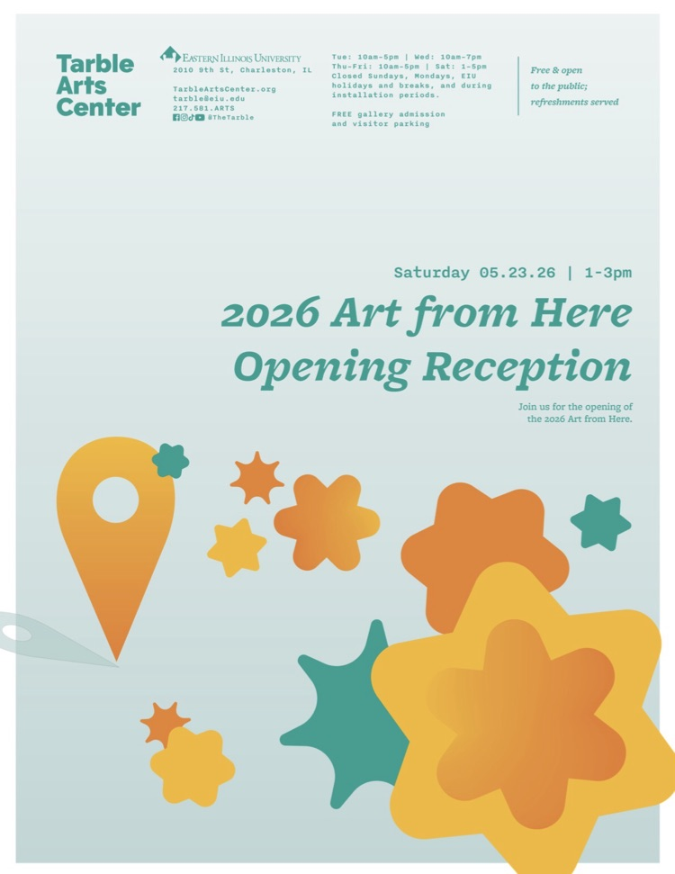 10 Villa Grove Elementary Students were chosen to be a part of the 2026 Art form Here Gallery at the Tarble Arts Center, Eastern Illinois University. This is just a reminder that the opening reception is this Saturday, May 23rd from 1-3pm.