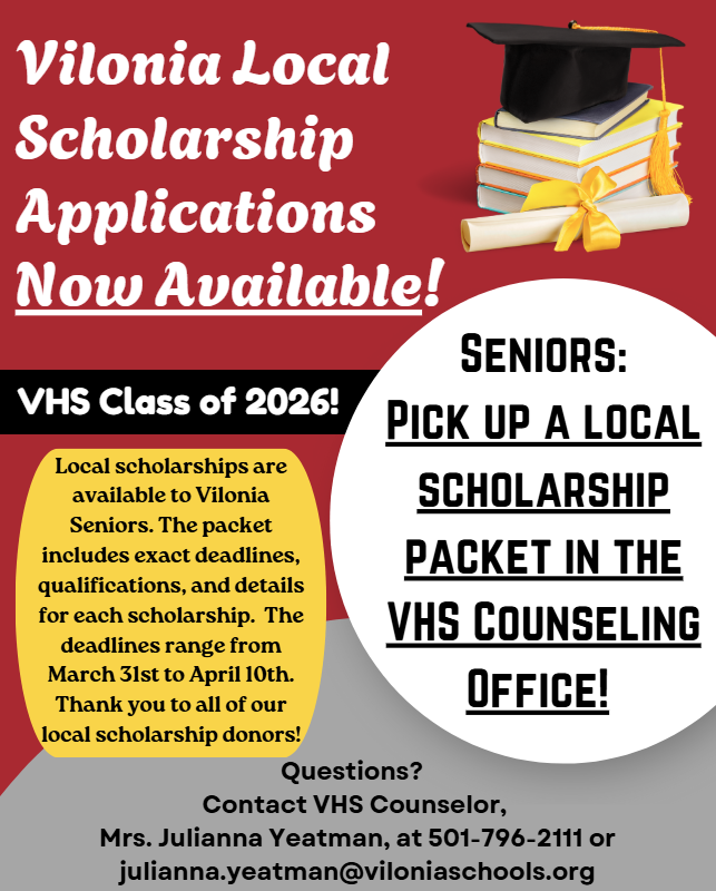 Seniors! It's time to apply for Local Scholarships! Grab your packets from the VHS Counseling Office. Deadlines come up quickly!