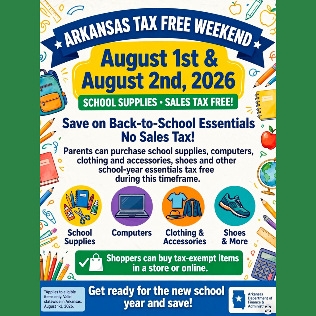 AR Tax Free Weekend-8/1 through 8/2, 2026
