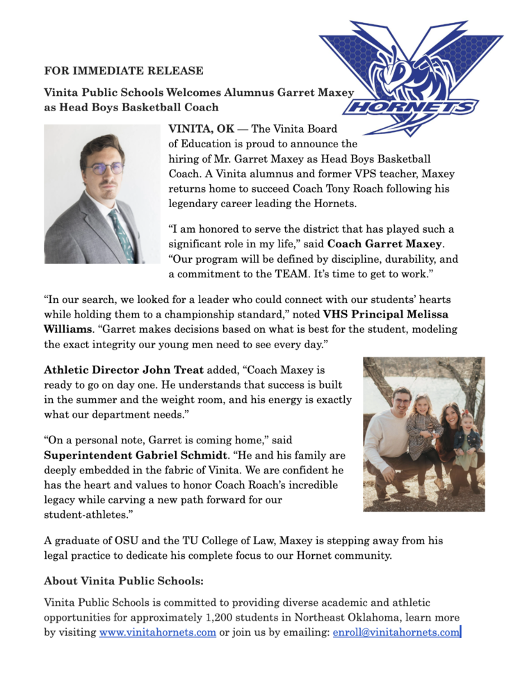 Vinita Public Schools Welcomes Alumnus Garret Maxey as Head Boys Basketball Coach