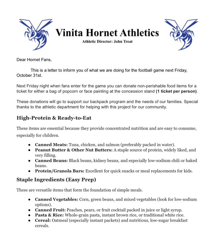 food drive Friday 10-31 at the football game non-perishable list of items