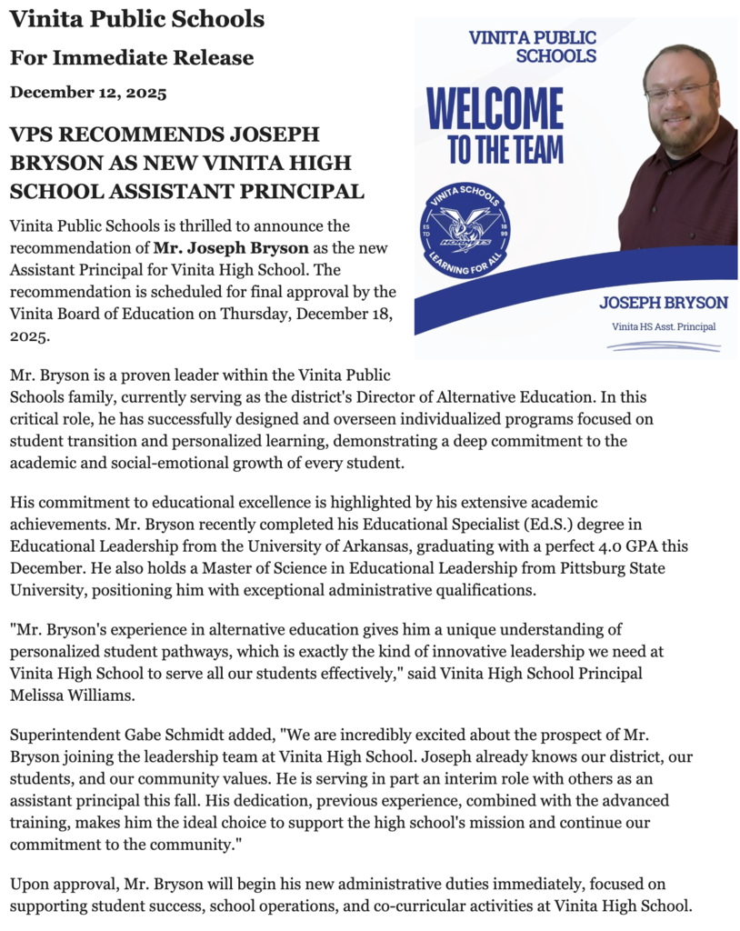 VPS Recommends Mr. Joseph Bryson as VHS Assistant Principal