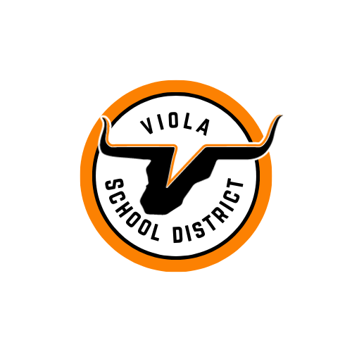 A circular logo with a white background and a bold orange outer ring, featuring a stylized black longhorn head in the center with extended horns, and the words “Viola School District” displayed in black capital letters around the inner edge of the circle.