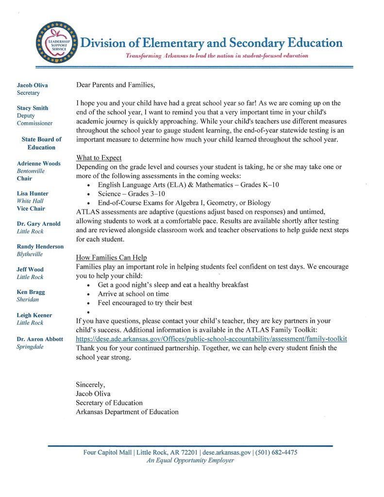 State Testing Letter