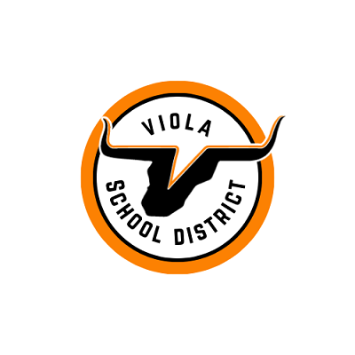 Orange circle that has longhorn logo with the words Viola School District