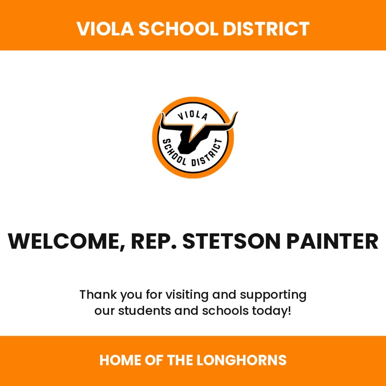 Graphic with orange and white background featuring the Viola School District logo — a black longhorn bull’s head outlined in orange inside a circular badge with the text ‘Viola School District.’