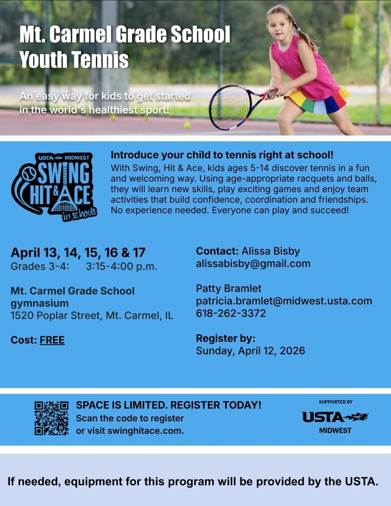 Youth Tennis flyer for 3-4th grade students on April 13, 14, 15, 16 & 17, 2026