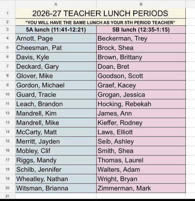 Picture of lunch hours for the high school