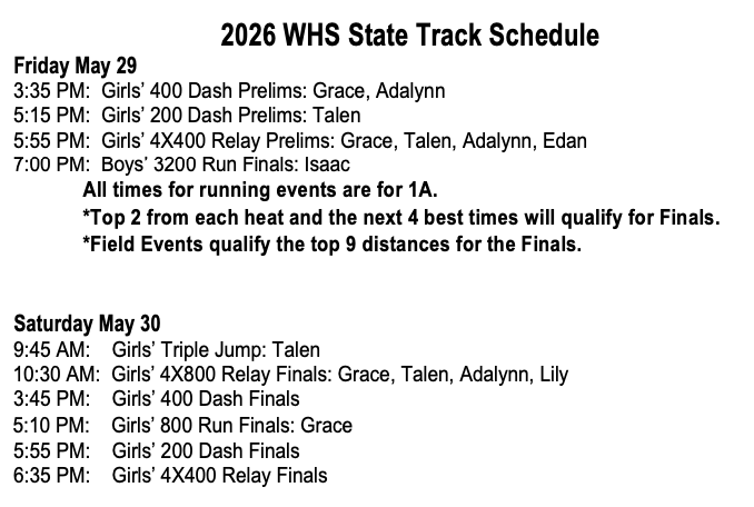 WHS State Track Schedule of Events