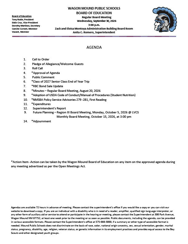 September 30, 2026 Board Meeting Agenda
