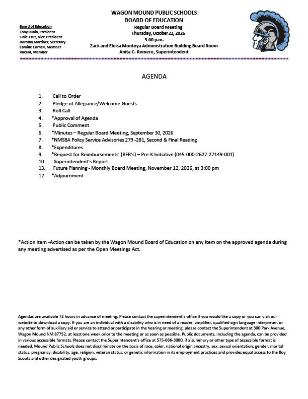 October 22, 2026 Board Meeting Agenda
