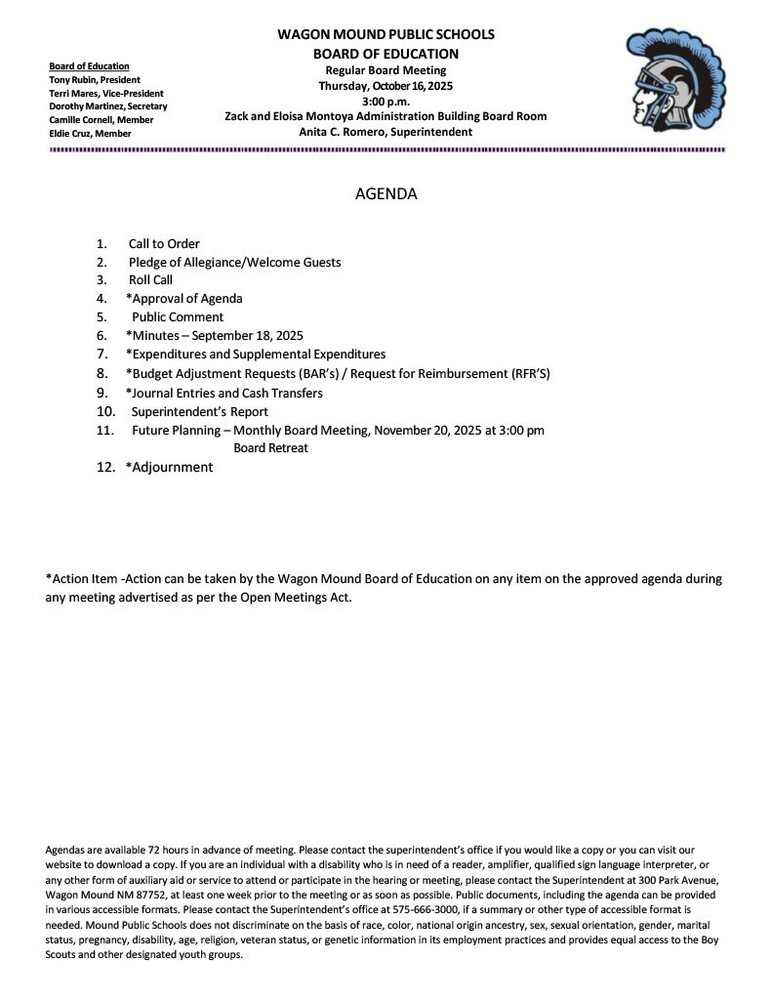 October 16 2025 Board Meeting Agenda