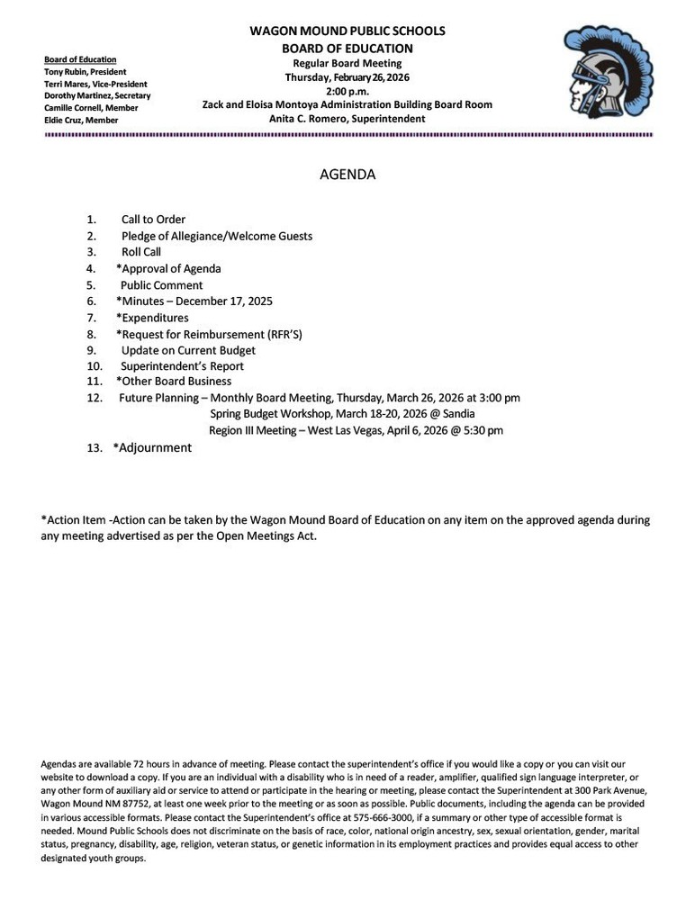 February 26, 2026 Board Meeting Agenda 
