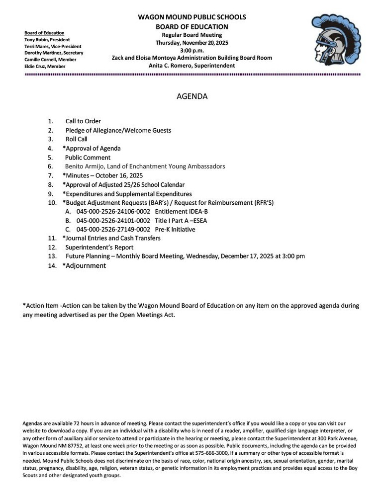 November Board Meeting Agenda 2025