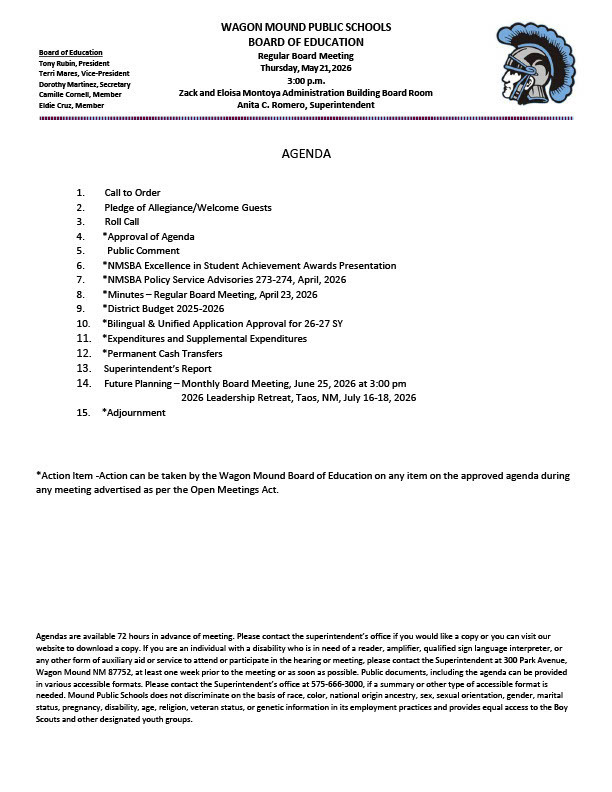 May 21, 2026 Board Meeting Agenda